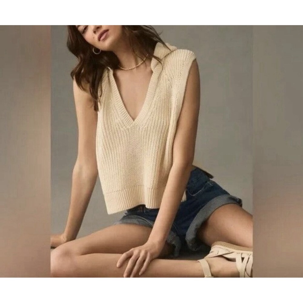 Anthropologie Pilcro Hooded Sweater Vest V-Neck Knit Cream Beige Oversized XXS